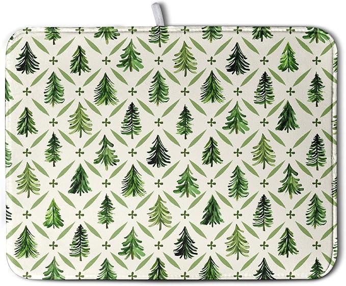 Wnoesat Christmas Dish Drying Mat for Kitchen Counter 18x24 Inch Sage Green Xmas Tree Drying Pad Winter Holiday Dish Draining Mat Microfiber Absorbent Dish Drainer Rack Mat for Coffee Bar