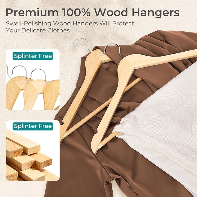 HOUSE DAY Premium Wooden Coat Hangers 50 Pack, Heavy Duty Solid Wood Clothes Hangers with 360° Swivel Hook & Pant Bar for Jackets, Dress, Shirts, Natural Wood Suit Hanger for Closet Organizer