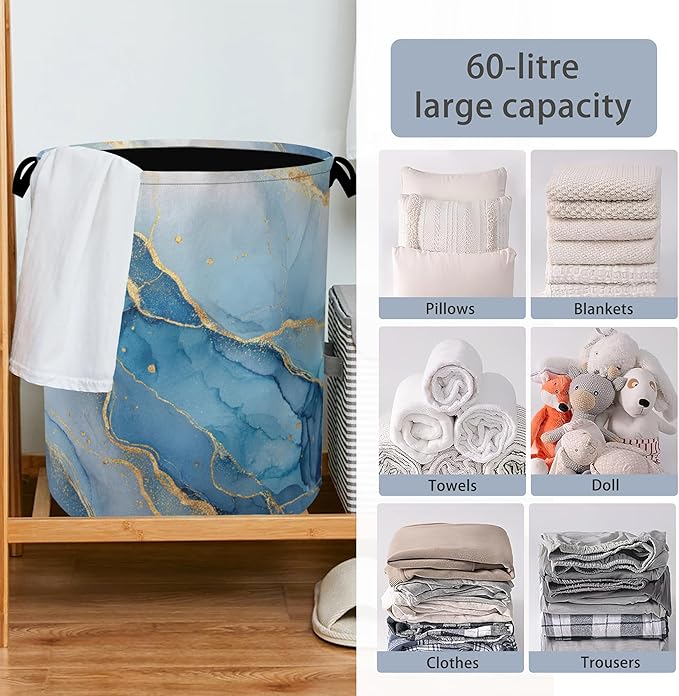Blue Gold Marble Laundry Basket,Foldable with Handles Tote Bag Oxford Cloth for Bathroom Bedroom Dirty Clothes Storage Bucket 16" x 20.8"