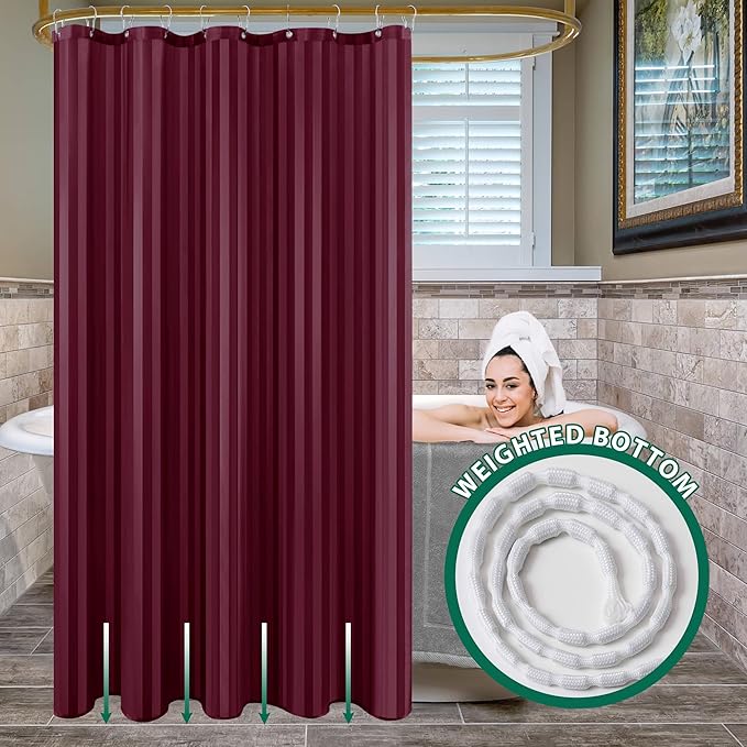 Biscaynebay Fabric Shower Curtain or Liner 72" by 72", Burgundy Water Repellent Damask Stripes Bathroom Curtains Machine Washable