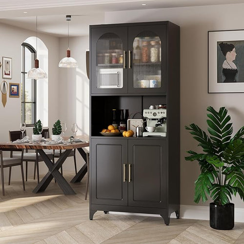 75" Tall Kitchen Pantry Cabinet, Metal Storage Cabinets with Acrylic Doors and Adjustable Shelves, Hutch Cabinet with Storage, Black Microwave Stand Cabinets for Dining Living Room