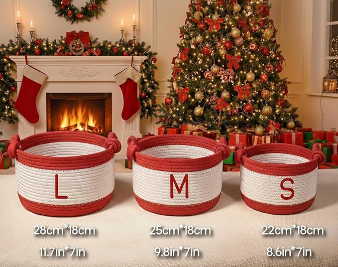 MBBEST Personalized Christmas Basket – Custom Cotton Rope Holiday Gift Basket with Name – Festive Storage Organizer for Presents, Toys, Blankets & Holiday Décor – 3 Sizes