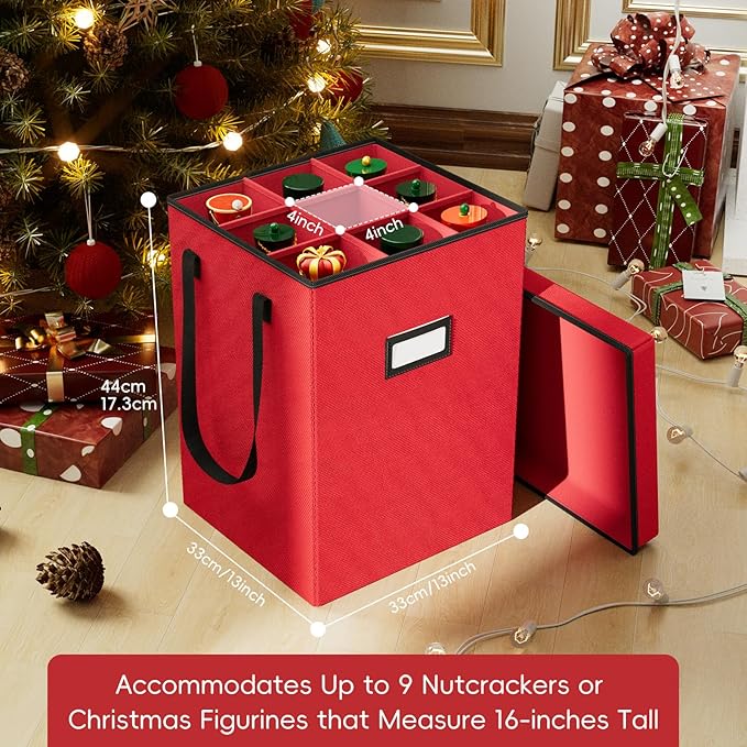 Christmas Nutcracker and Figurine Collectible Storage Box - Stores Up to 9-16" Tall Nutcrackers, Ornaments, and More - Holiday Decor Organizer with Adjustable Dividers - Nutcracker not Included (Red)