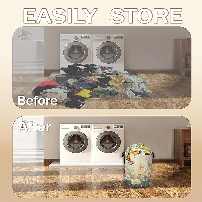 Spring Flowers Laundry Hamper,Watercolor Garden Wildflower Butterfly Collapsible Laundry Baskets,Waterproof Oxford Cloth Laundry Room Organization for Bedroom,Bathroom,Nursery,16x20 Inch
