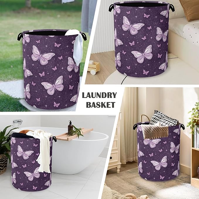 Purple Butterfly Laundry Basket,Oxford Cloth Laundry Hamper with Handle Foldable Portable Clothes Storage Basket for Bathroom Bedroom Dorm Room 16" x 20.8"