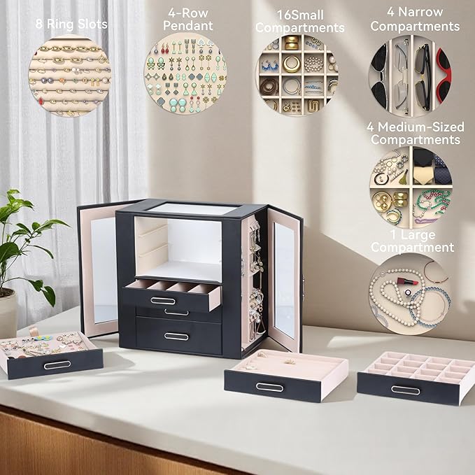 Jewelry Boxes for Women, 6 Layer Jewelry Organizer with Glass Lids, Jewelry Holder Organizer with 5 Drawers and 2 Glass Doors for Jewelry Storage, Big Jewelry Box for Womens Gift (Black)