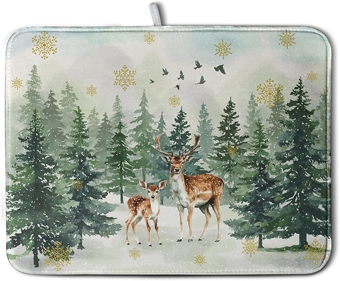 Kwlegh Reindeer Tree Snowflakes Christmas Dish Drying Mats for Kitchen Counter 18x24 Inch Winter Forest Dish Drainer Mats Absorbent Reversible Dish Draining Microfiber Dishes Drying Pad
