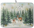 Kwlegh Reindeer Tree Snowflakes Christmas Dish Drying Mats for Kitchen Counter 18x24 Inch Winter Forest Dish Drainer Mats Absorbent Reversible Dish Draining Microfiber Dishes Drying Pad