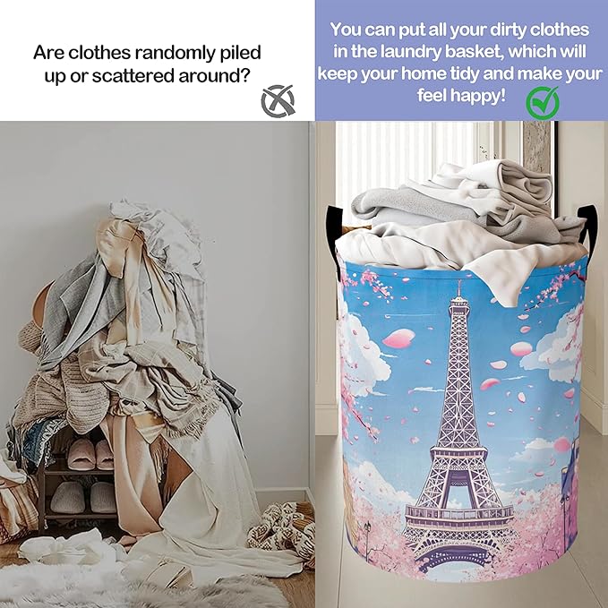 Romantic Eiffel Tower Laundry Basket, Cherry Blossoms Oxford Cloth Laundry Hamper With Handle Foldable Portable Clothes Storage Basket Storage Bag For Laundry Room/Bathroom/Bedroom/Dormitories