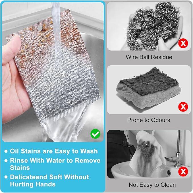 VMKBL Steel Wool Scrubber, Wire Dishwashing Rags, 10 Pcs Multipurpose Wire Dishcloth, Wet & Dry for Cookware, Sinks, Dishes, Stoves & Fireplaces 5.9“ x 3.9”