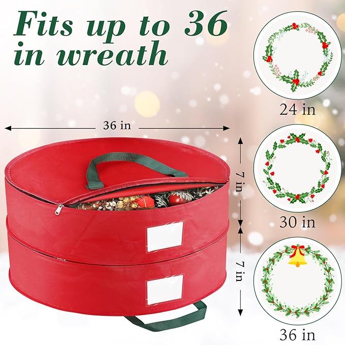 Wreath Storage Container， 2 Park Stacking Christmas Wreath Storage Bags with Dual Zipper and Handles, Dust, Pest Protection,Holiday Wreaths Storage Holder 36” (RED)