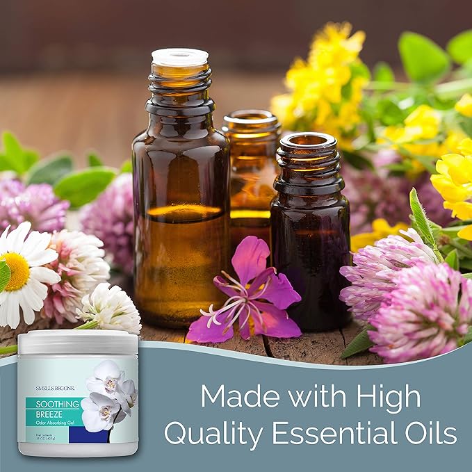 SMELLS BEGONE 15oz Gel Odor Eliminator - Absorb & Remove Tough Odors in Pet Areas, Bathrooms, Basements, Garage, Cars, RVs & Boats - Eliminate Odors Quickly (2-Pack, Soothing Breeze)