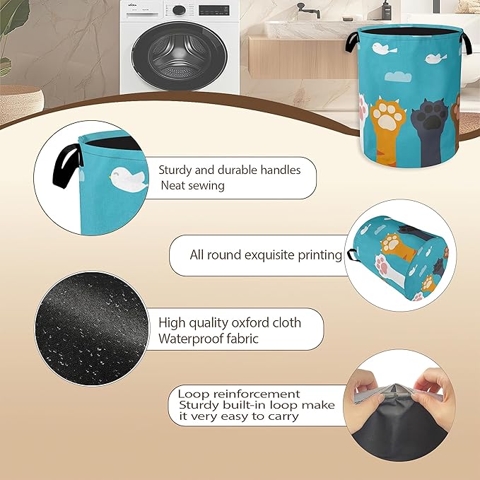 Cute Cat Paws Laundry Basket,Cartoon Birds Clothes Hamper,Oxford Cloth Collapsible Nursery Hamper Storage Organization for Bedroom,Bathroom,Office,College Dorms,16x20 Inch