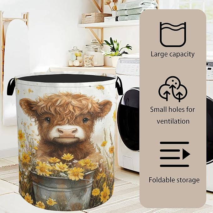 Cute Highland Cow Flower Foldable Canvas Laundry Basket with Handles - Storage Organizer, Heavy Duty for Home，Bedroom, Dorm, Bathroom
