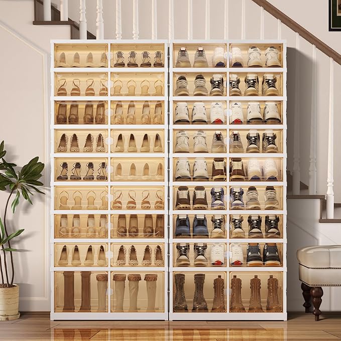 9-Tier Foldable Shoe Rack Organizer for Closet, 27 Pairs Collapsible Plastic Shoe Shelf, Large Shoes Cabinet with Door, Clear Stackable Storage Box Easy Assembly White
