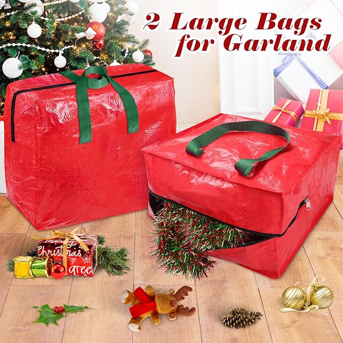 Christmas Tree Storage Bag 9 Ft With 2 Large Tinsel Garland Bags, Waterproof Material, Reinforced Handles & Dual Zipper (Red)