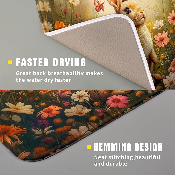 Giwawa Easter Bunny Dish Drying Mat Flower Butterfly Kitchen Drainer Mat 16x18 inch Absorbent Reversible Dish Rack Pad for Counter Tabletop Decor