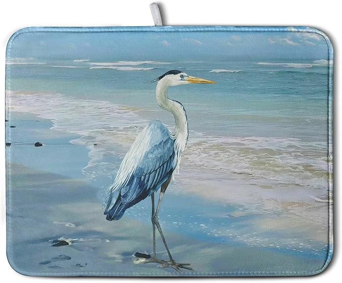 Kwlegh Summer Blue Dish Drying Mat for Kitchen Counter 18x24 Inch Heron Coastal Beach Drying Mats Nautical Ocean Bird Dishes Drainer Mats Microfiber Absorbent Dish Rack Pad