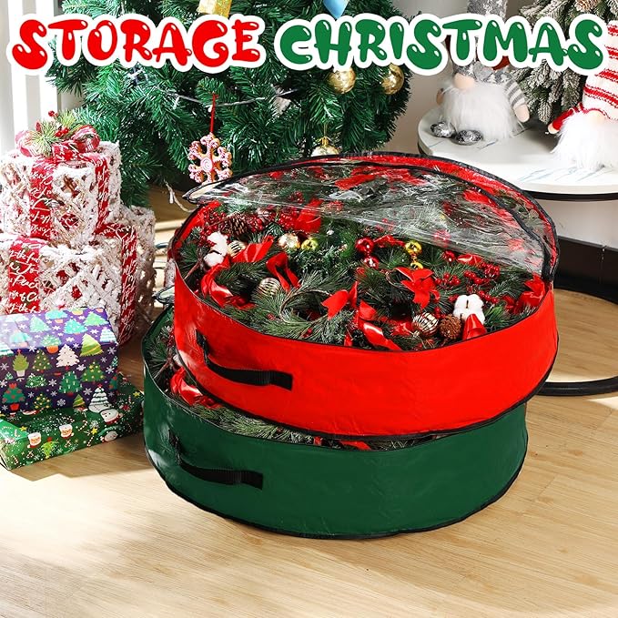 Aliceset 4 Pack Wreath Storage Containers, Christmas Ornament Garland Wreath Storage Bags with Handle Dual Zipper Large Decorative Storages Box for Winter Wreaths(24 x 24 x 7.8 Inch,Red, Green)