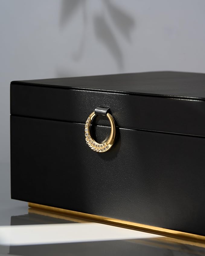 pickpiff 2 Layer Jewelry Box Organizer for Women, Jewelry Organizer with Handle & Removable Tray, Necklace Holder Ring Earring Storage, Velvet Lined Jewelry Case for Home or Travel, Gift Ready, Black