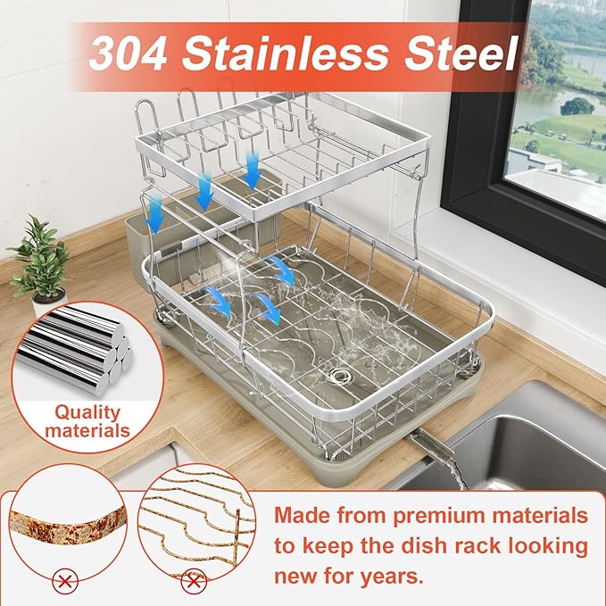 HOMEAILIE 2-Tier Dish Drying Rack for Kitchen Counter, 304 Stainless Steel Dish Rack with Adjustable Drainboard, Removable Utensil Holder & Water Tray, Grey