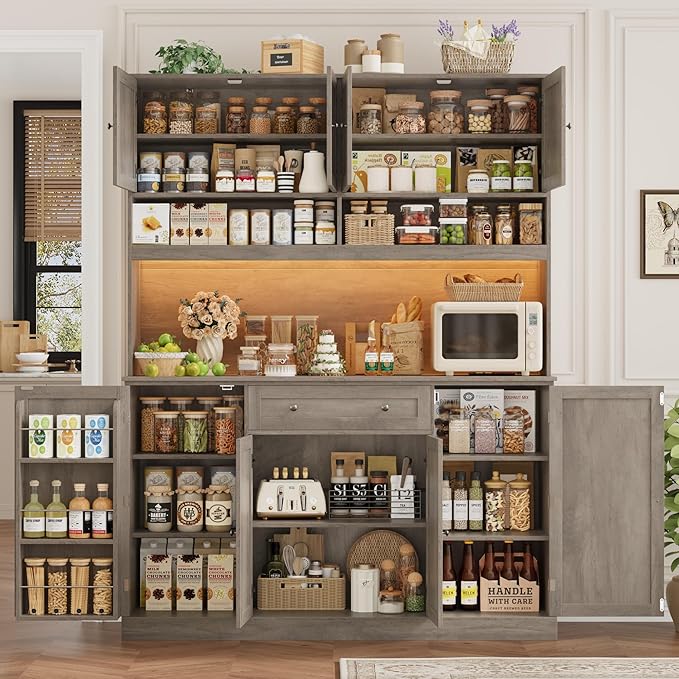 HIFIT 72.8” Tall Kitchen Pantry Cabinet with LED & Charging Station, 55” Wide Farmhouse Pantry Storage Cabinet with Microwave Stand&Shelves&Barn Doors, Kitchen Hutch Coffee Bar for Living Room, Grey