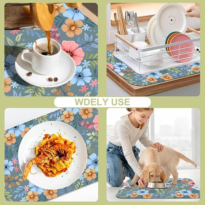 Dish Drying Mat Colorful Hand Draw Flowers Kitchen Mat 12"x19" Bsorbent Coffee Maker Mat for Dishes Utensils Coffee Maker Pots and Pans Easy Clean Dish Slip Resistant Pad
