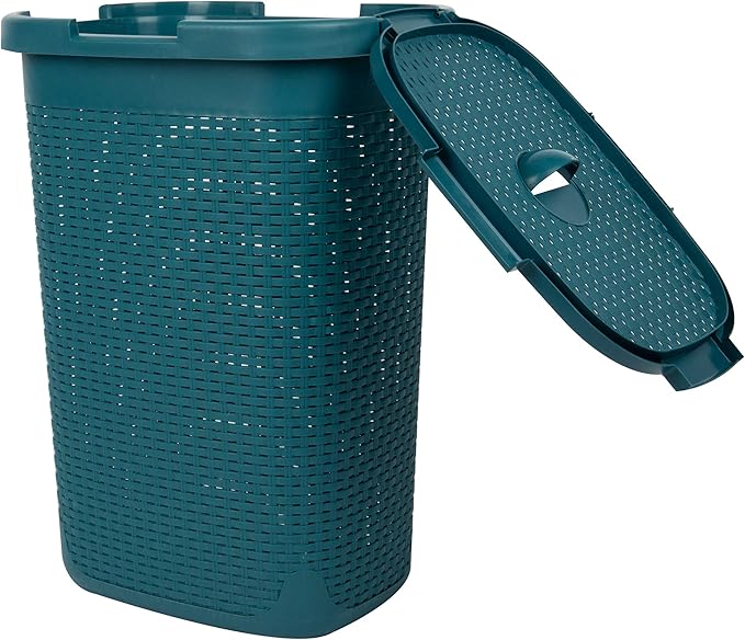 Mind Reader Slim Laundry Hamper with Lid, 60L Clothes Basket, Premium Wicker Design, Plastic, Blue