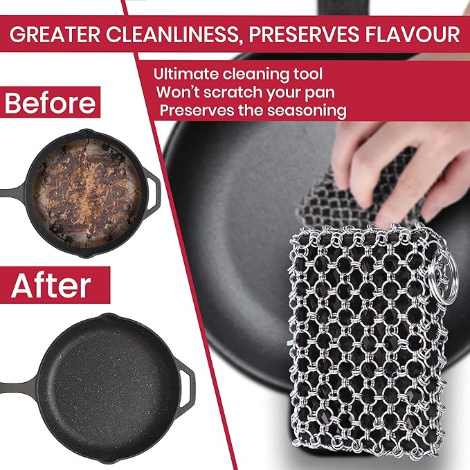 Zylark 316L Cast Iron Scrubber + Scraper Tool - Pan Cleaner Scrubber with Silicone Insert - Cast Iron Cleaning Kit - Chainmail Scrubber for Cookware