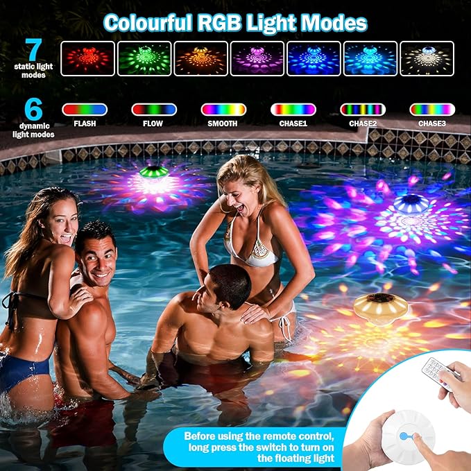 Floating Pool Lights, Upgraded Pool Lights with 6 Dynamic Lighting Effects, Rechargeable 4000mAh IP68 Waterproof Upper and Lower RGB Color Changing Light with Remote for Pond, Hot Tub 1 Pack