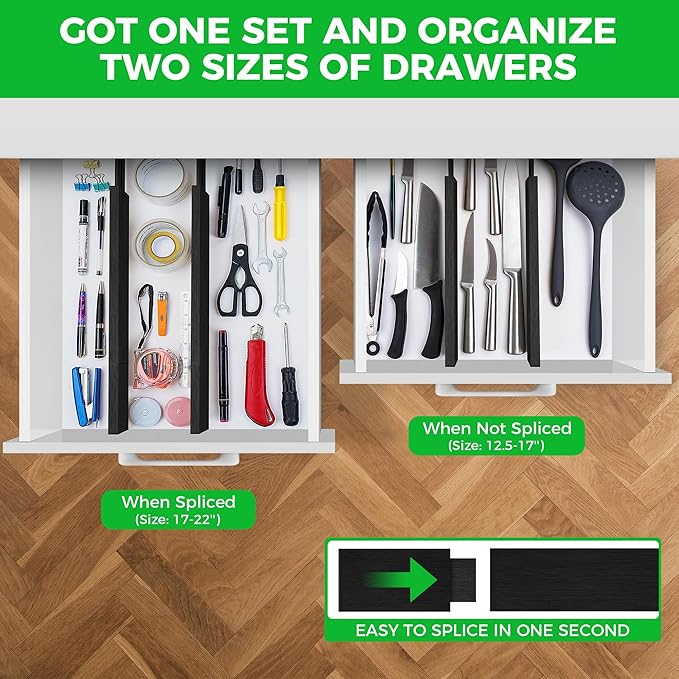 4 Pack Bamboo Kitchen Drawer Dividers with Inserts 2.6" High, Adjustable from 12.5 Inch to 21.7 Inch Drawer Organizers, Expandable Drawer Separators for Clothes, Bedroom, Dresser, Office (Black)