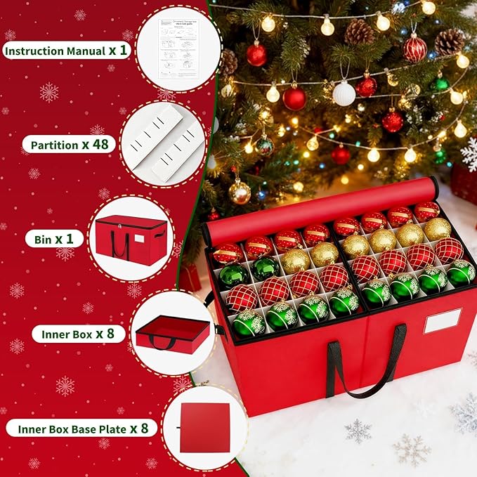 Christmas Ornament Storage Box - Large & Sturdy Christmas Storage Container with Adjustable Dividers, 8 Individual Trays and Handles, Holds up to 128 Holiday Decorations (Red)