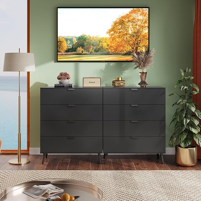 WLIVE 4 Drawer Dresser for Bedroom, Wooden Black Tall Dresser, Modern Dressers with Sturdy Metal Handle, Small Chest of Drawers for Living Room, Hallway