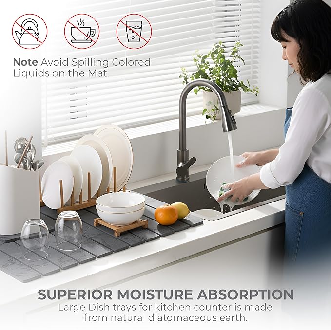 Large Stone Dish Drying Mat for Kitchen Counter, 2PCS Quick Dry Stone Dishes Mats, Foldable Water Absorbing Diatomaceous Earth Drying Pad for Bottles Dish Cups(Dark Gray 24"×16" & 8"x5")
