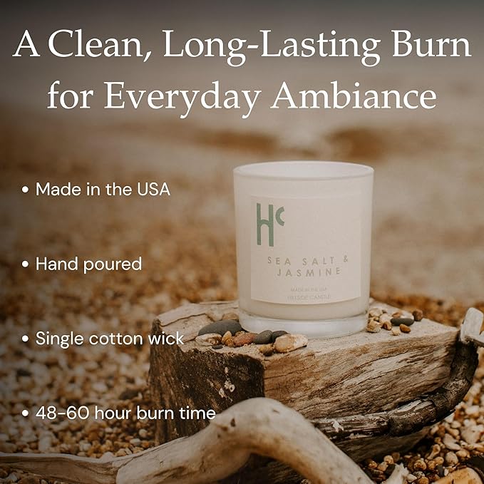 Sea Salt & Jasmine Single Wick Soy Candles, Luxury Scented Candles for Home - Up to 60 Hour Burn Time, Cruelty-Free Soy Wax Blend - Beach Fragrance, Notes of Jasmine & Sea Salt (9 oz)