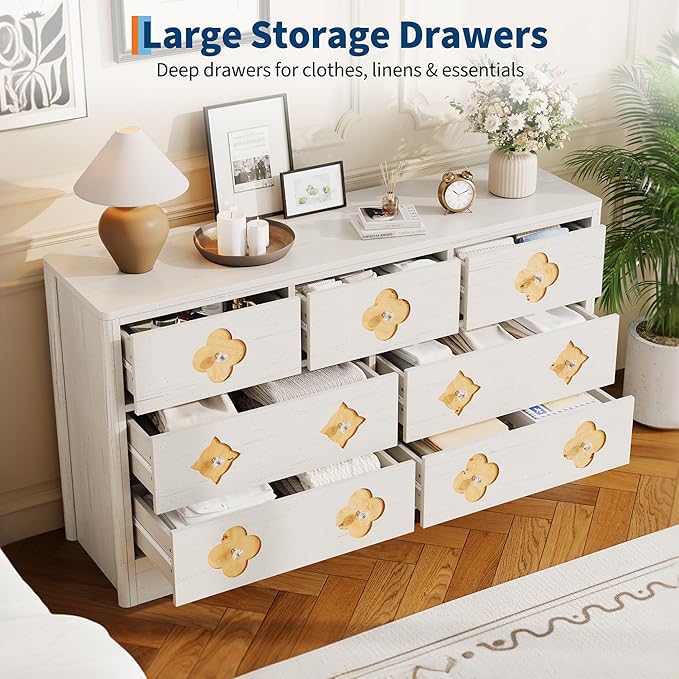 Garvee Dresser for Bedroom with 7 Decorative Front Drawers, 54'' Wide Chest of Drawers with Large Clothes Storage Cabinet, Wood Bedroom Dresser, TV Stand for Nursery, Living Room, Hallway, White
