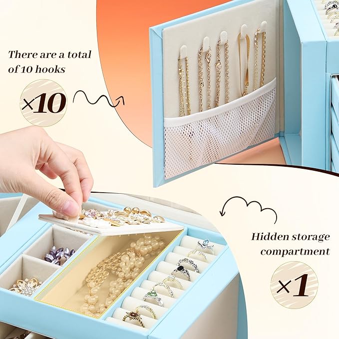 EnHomee Jewelry Box for Women, 5-Layer Large Jewelry Organizer with Mirror & 4 Drawers for Rings, Earrings, Necklaces, Bracelet Lockable Case with Lock (Blue + Silver)