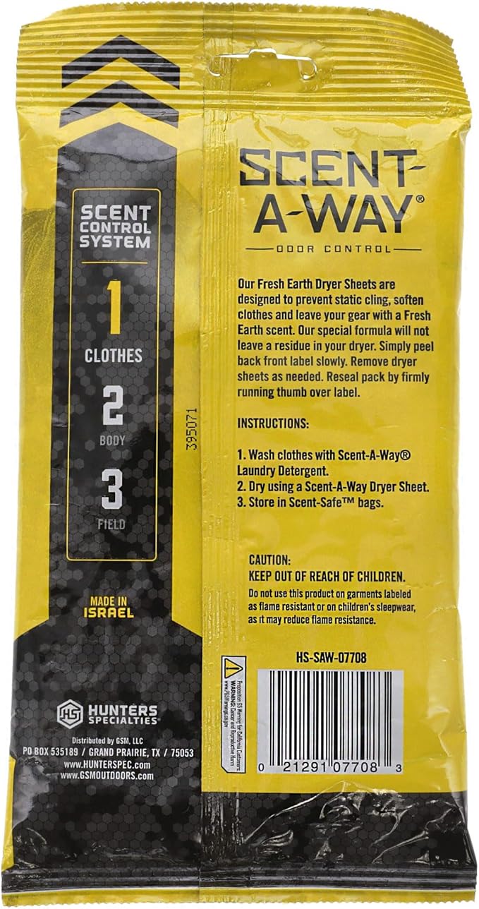 Hunters Specialties Scent-A-Way Dryer Sheets - Re-Sealable 15 Sheets Pack No Residue Odorless/Fresh Earth Scent for All Fabrics & Hunting Clothes