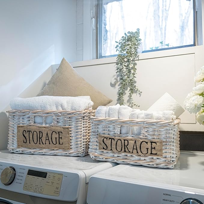 happimess BSK1005A-2SET Reed Southwestern Hand-Woven Rattan Nesting Wicker Storage Baskets with Handles, Seagrass Container for Decoration in Bedroom, Closet, White Wash/Kubu Gray (Set of 2)