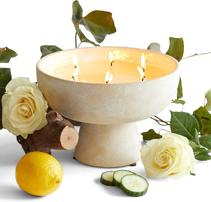 Blueme Renew Candle | Ivy & Rose | 6 Wick - Refillable Wellness Candle with Essential Oils, Hand Finished & Poured Soy Wax Blend Ceramic Vessel, Natural Cotton Wicks | Giant 45 oz