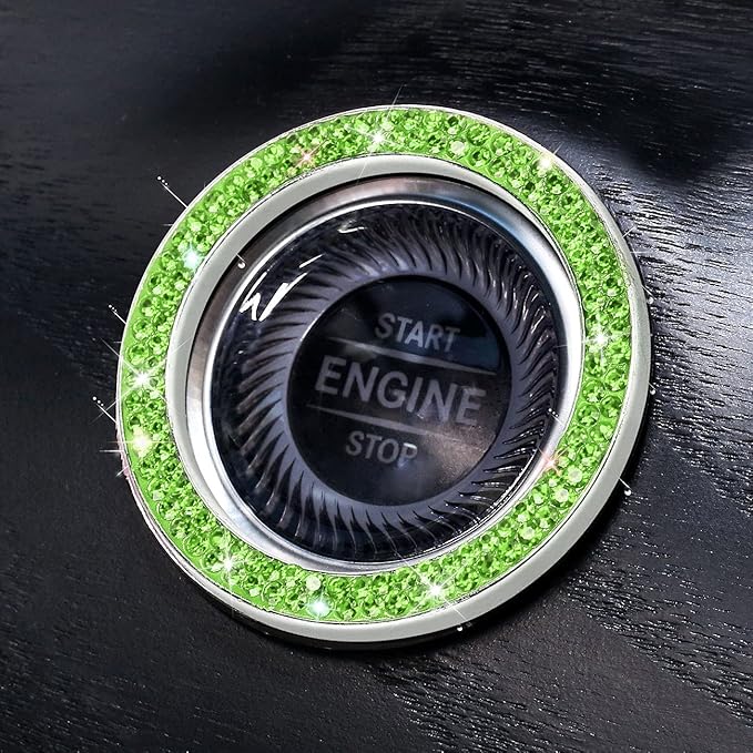 ToBeQueen Bling Car Crystal Rhinestone Ring Emblem Sticker, Car Interior Decoration, Bling Car Accessories for Women, Push to Start Button, Key Ignition Starter & Knob Ring (Green)