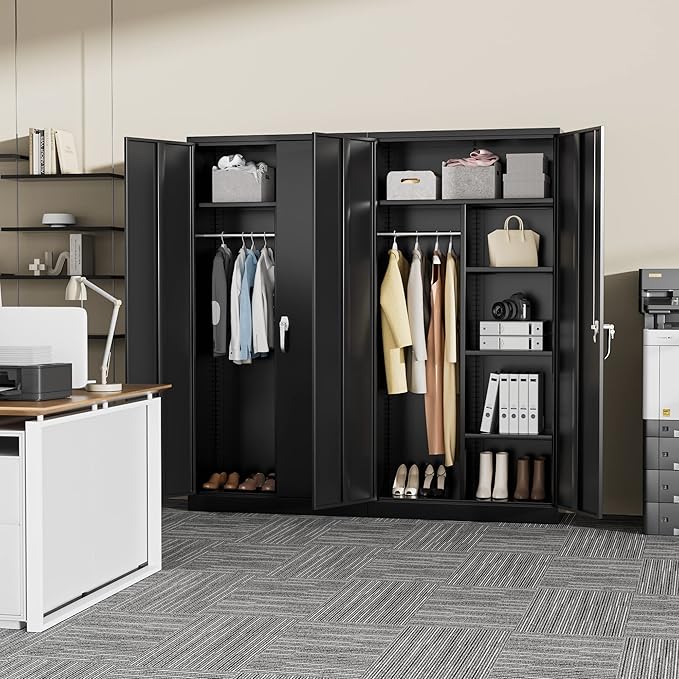 Greenvelly Metal Storage Wardrobe Cabinet with Doors, Black 72” Steel Wardrobe Closet, Employees Locker Closet Clothing Coat Steel Wardrobe Cabinet with Hanging Rod for Home Office Room School