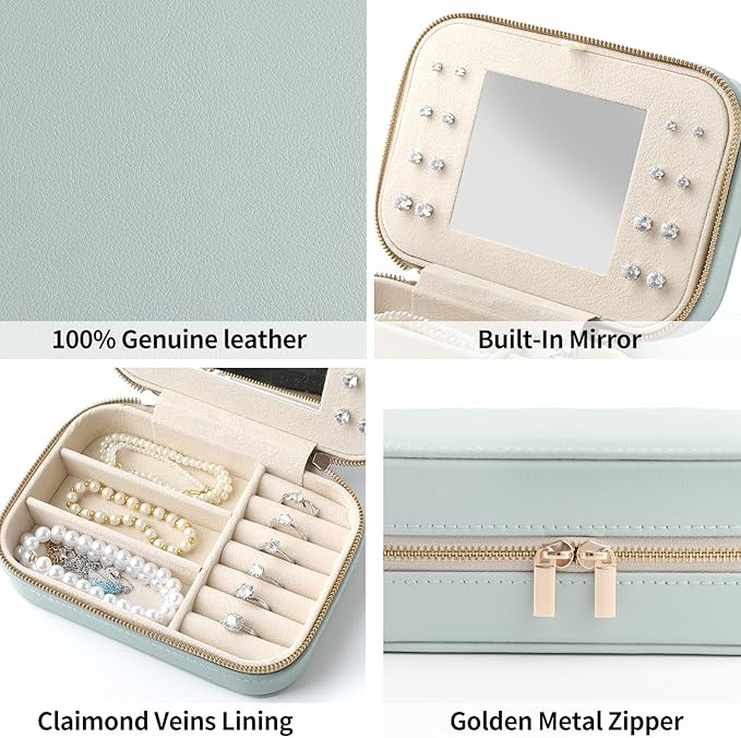 Genuine Leather Travel Jewelry Organizer Case with Mirror for Women, Small Mini Portable Jewelry Box for Ring Earrings Necklace Bracelet Luxury Gift for Women（Ivory White）