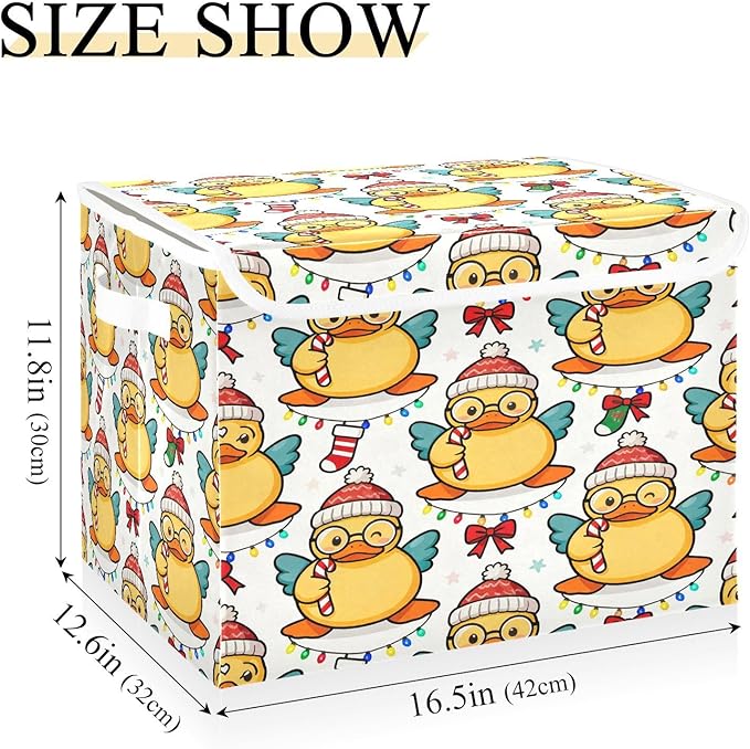 Christmas Duck Cute Pattern Storage Bins with Lids Foldable Storage Basket with Handles Collapsible Large Fabric Organizer Containers for Clothes Shelves Closet Office Home