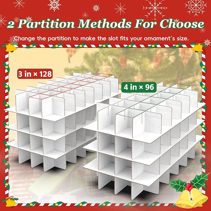 Christmas Ornament Storage Box, Holds Up to 128 Ornaments with Adjustable Dividers, Large & Sturdy Holiday Decoration Ornament Organizer Storage Bin with Zipper and Handles, Green