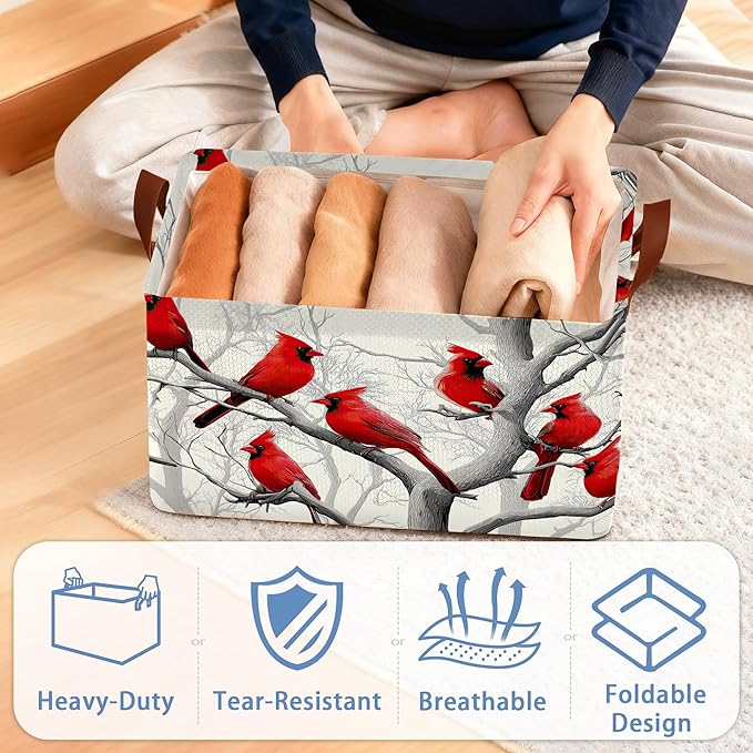 Red Cardinal Storage Basket with Handles,Winter Collapsible Rectangle Organizer Bin for Room Decoration Books Box Baskets 17x11.5x10Inch