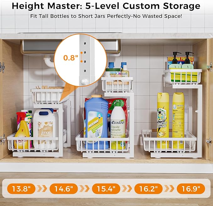 ENRUNEST Under Sink Organizer,2 Pack Under Kitchen Sink Organizer,2 Tier Sliding-Out,5 Level Height Adjustable,Thickened Carbon Steel,Anti-rust Treatment,For Kitchen Bathroom White