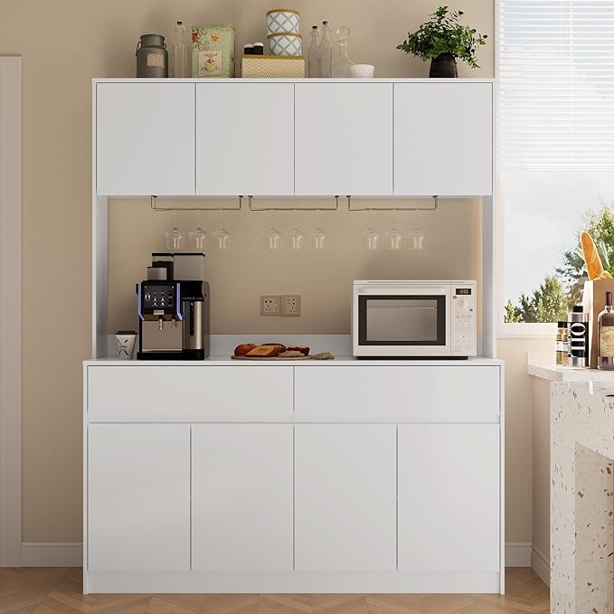 Kitchen Hutch Storage Cabinet, 63" W Large Pantry Cabinets with Microwave Oven Countertop, Freestanding Kitchen Pantry Storage Cabinet with 4 Doors, 2 Drawers and 7 Shelves, White