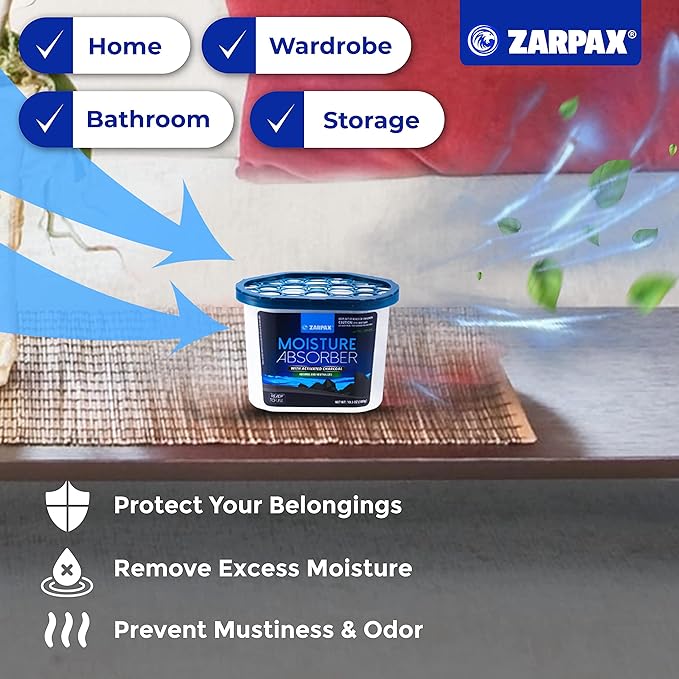 ZARPAX Moisture Absorber Activated Charcoal 10.5 oz/300g | Removes Moisture, Damp, Humidity & Odors | Odor Absorber | Moisture Trap for Bathroom, Closet, Kitchen & Small Spaces | Set of 4