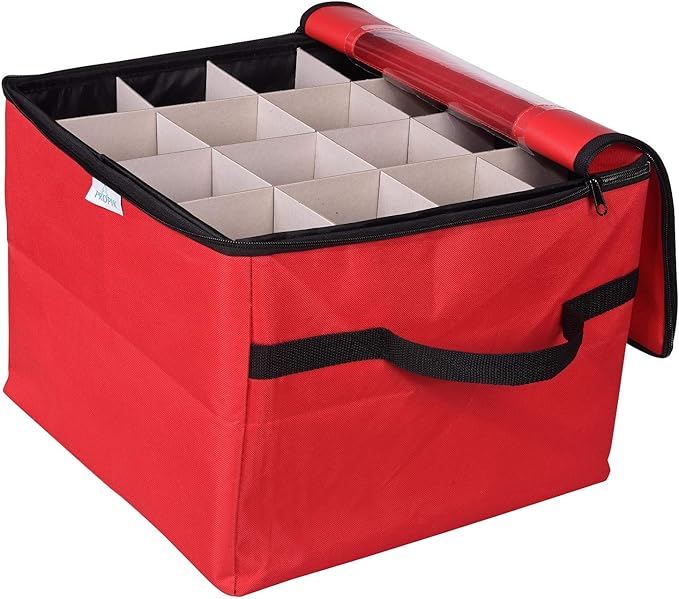 ProPik Christmas Ornament Storage Box, Organizer Holds Up to 48 Xmas Balls with 3 Separate Removable Trays, Container has Dividers to Organize Holiday Tree Ornaments (Red)